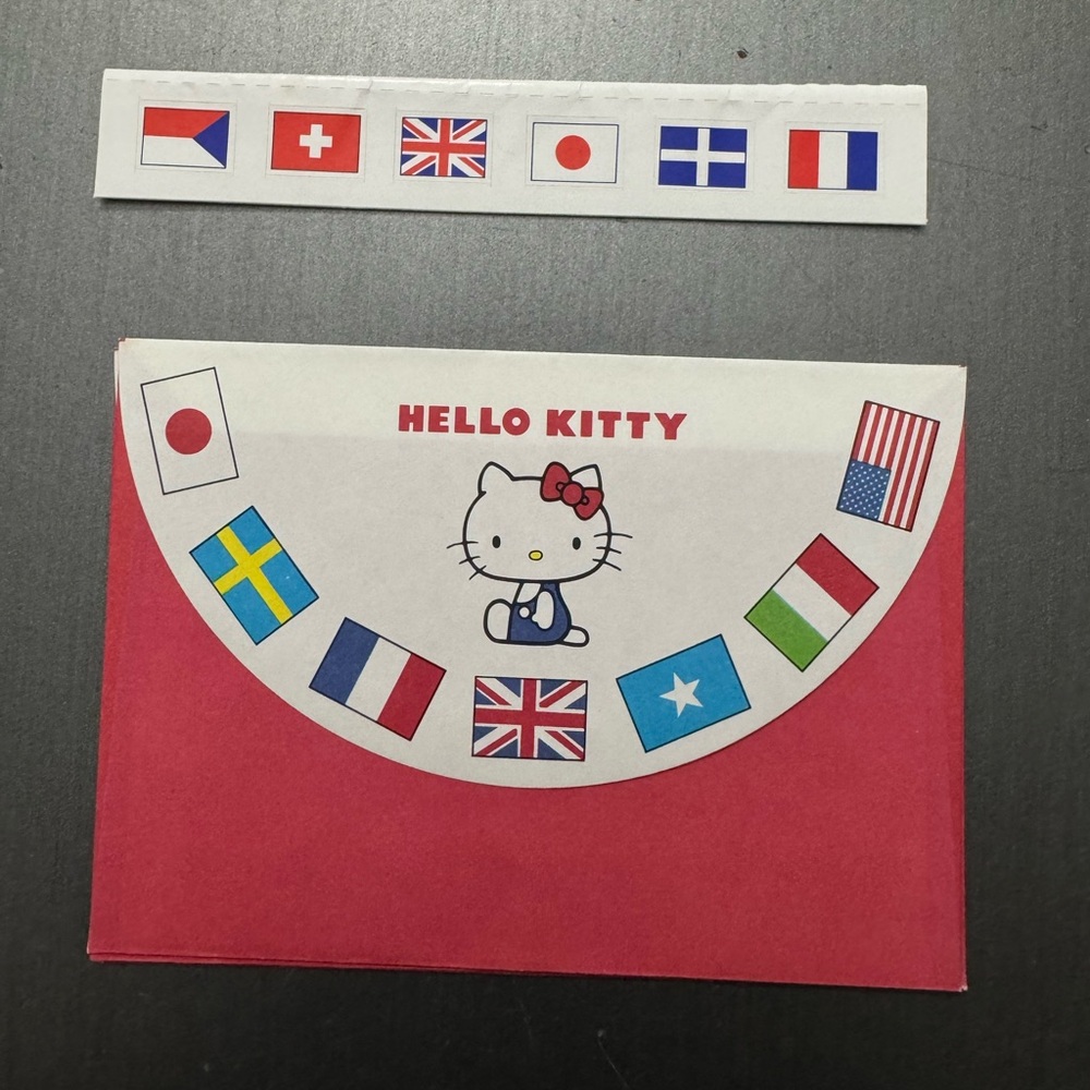 Vintage 1976 Sanrio Hello Kitty Red Envelope with International Flags